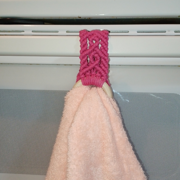 Hand Kitchen Towel Wooden Holder Boho Macrame Puschia Pink - Picture 5 of 11